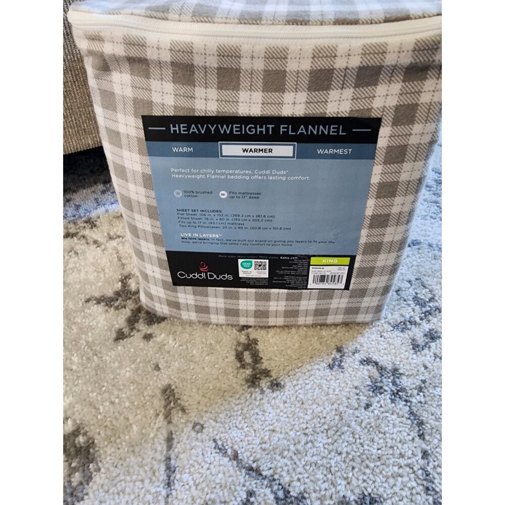 NEW Cuddl Duds KING Heavyweight Flannel Sheet Set Plaid Brushed Cotton Durable - Picture 4 of 5